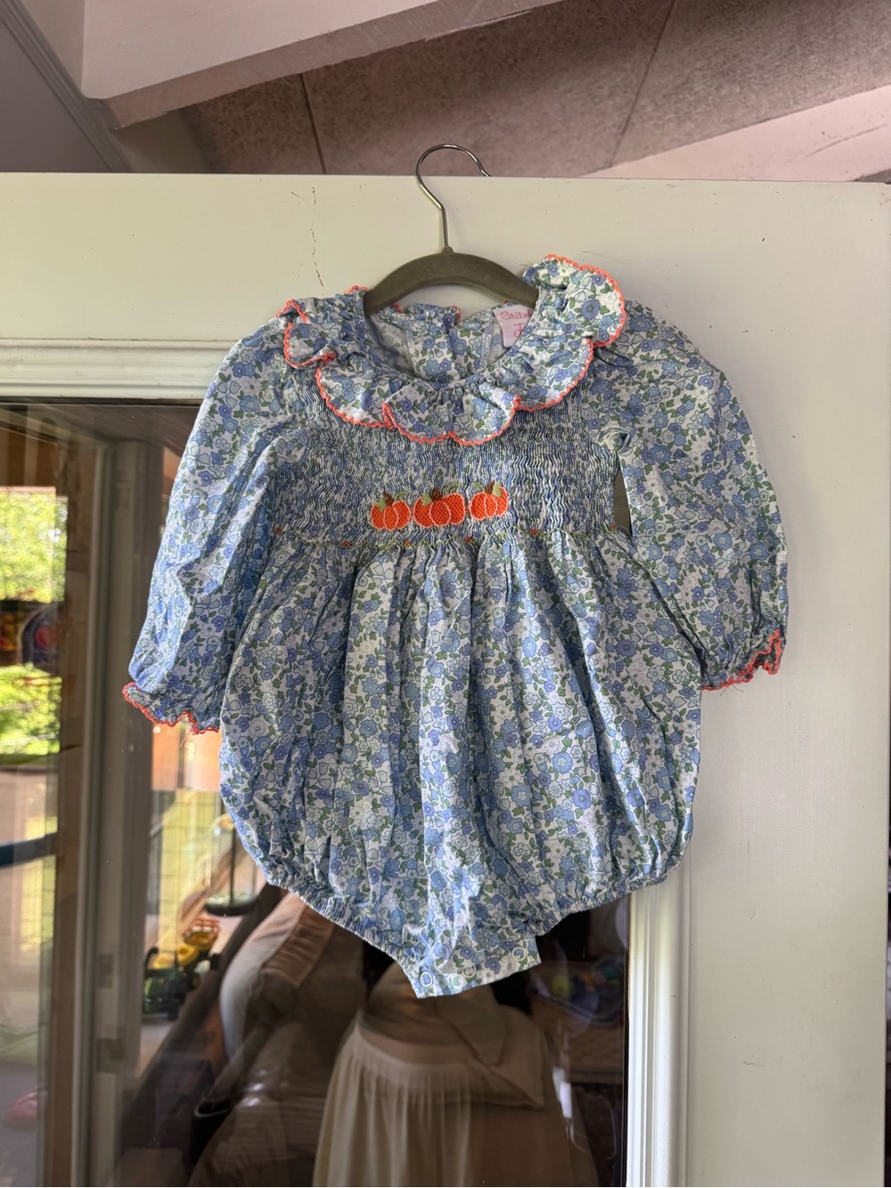 Blue Floral Smocked Baby Bubble with Pumpkin Embroidery